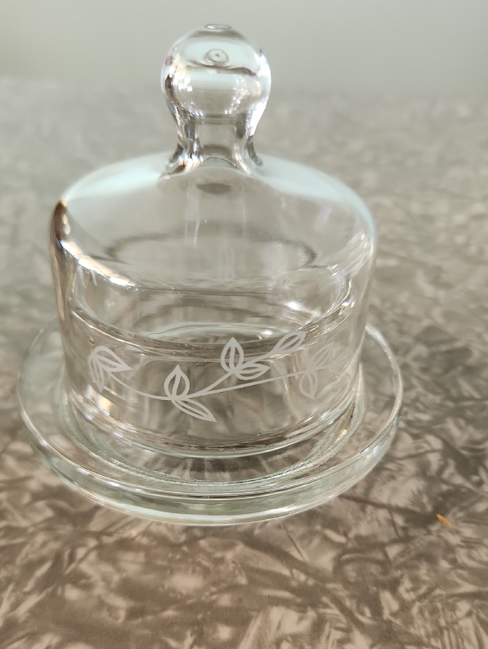 Princess House Clear Glass Butter Dish with White Leaf Motif